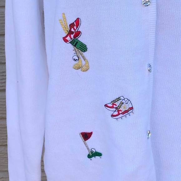 Tia Designs Golf Motif Appliqué & Embroidery on White Button Up Cardigan Sweater - Picture 7 of 7